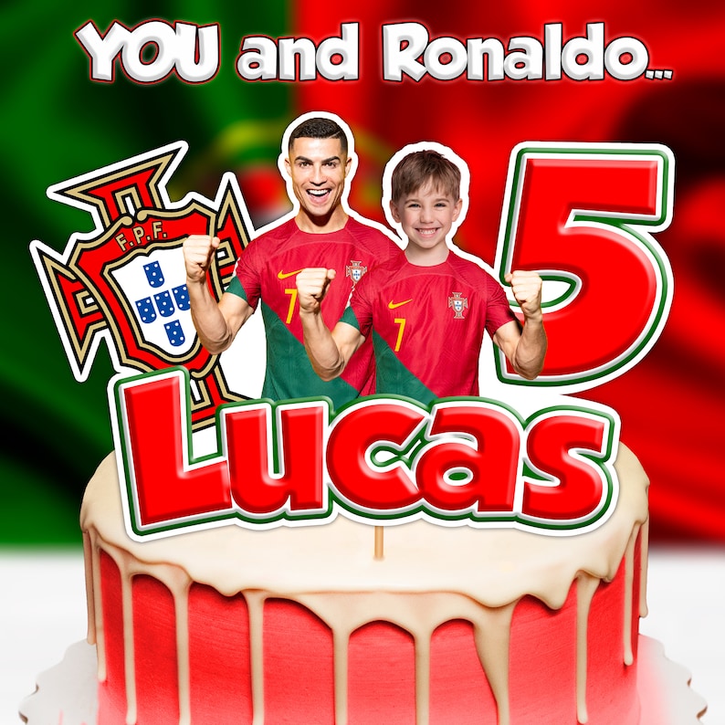 May include: A red cake with white icing, topped with a cake topper featuring Cristiano Ronaldo and a young boy in Portugal soccer jerseys. The topper includes the text "YOU and Ronaldo..." and "Lucas 5". The Portuguese flag and emblem are also visible.