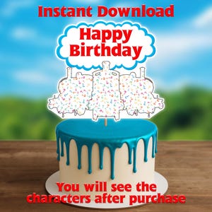Puede incluir: Una tarta blanca con glaseado azul y un adorno que dice "Happy Birthday". El adorno presenta tres siluetas de trenes llenas de confeti de colores. También se ven las palabras "Instant Download" y "You will see the characters after purchase".