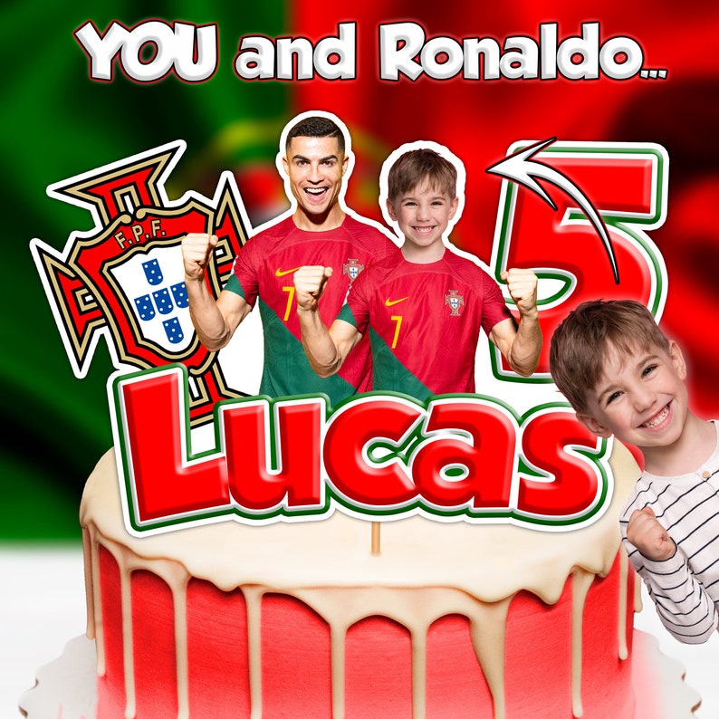 Ronaldo portugal cake topper in which a replace Ronaldo's head by the birthday boy's head.