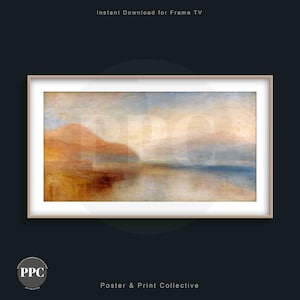 Könnte beinhalten: Ein Aquarellgemälde, das eine Landschaft mit einem See und Bergen im Hintergrund zeigt. Der Himmel ist in einem sanften Blau mit zarten Wolken gehalten. Das Wasser ist hellblau und spiegelt den Himmel wider. Die Berge sind in einem sanften Braun gehalten und von einem leichten Nebel bedeckt. Das Gemälde ist in einem sanften, romantischen Stil ausgeführt.