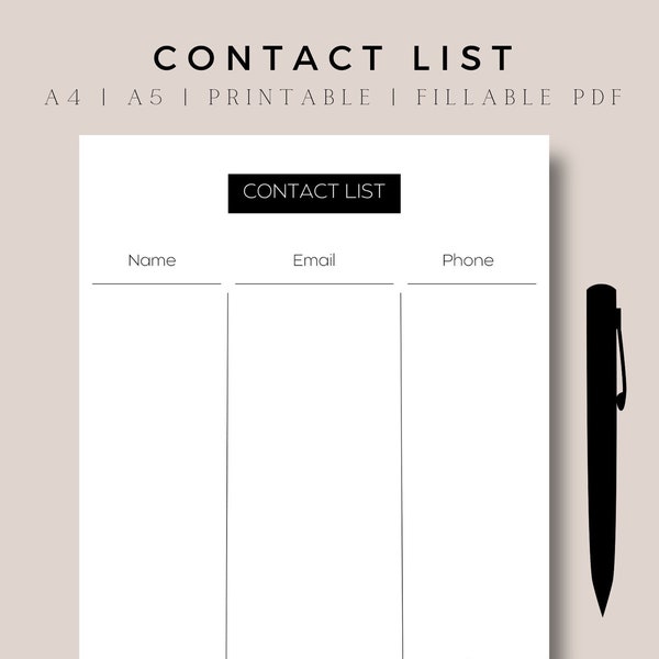 CONTACT LIST PRINTABLE, Contacts,Clients,Organizer,Printable Planner,Information,Contact Sheet,Personal,Detail Insert, Instant Download, pdf