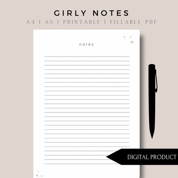 MINIMAL, Floral, NOTES PRINTABLE Download, Cute, Girly, Home Office, Planner, Organized, Lined Note Planner, Instant Download