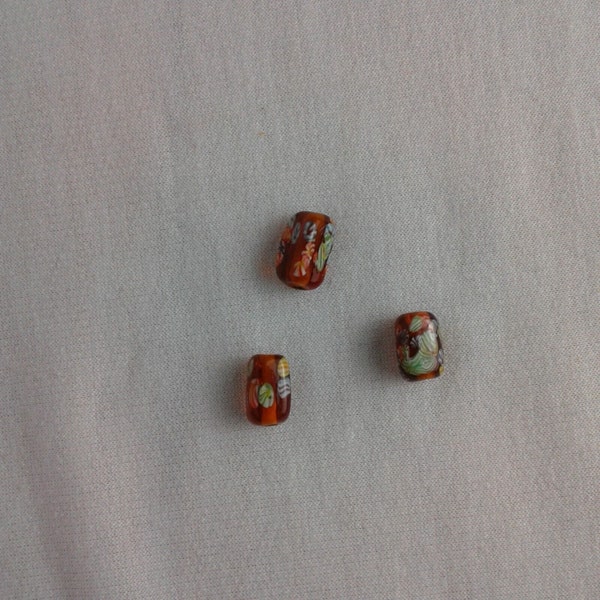 Set of 3 Hand Painted Glass Beads amber colored