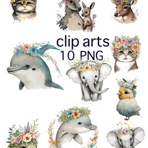 May include: Ten watercolour illustrations of animals wearing flower crowns. The animals include a cat, a deer, a kangaroo, a dolphin, an elephant, a chick, a crocodile, and a second deer and elephant. The illustrations are in a whimsical style and would be perfect for a nursery or children's room.