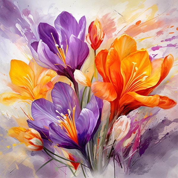 Digital Print, Colorful Saffron Crocus, Abstract wall art , Flowers digital wall art, color paint digital wall art, digital print