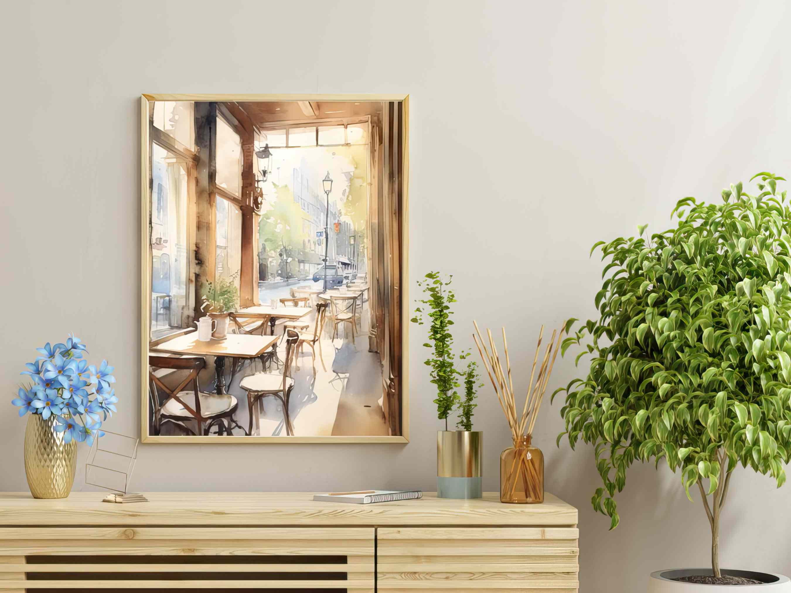 Serene Daytime Street Cafe Interior | Cozy City Cafe Scene Art Print ...