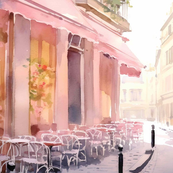 Romantic Streets of Rome Wall Art | Watercolor Pink Hues | Charming Outdoor Cafe Scene | Digital Painting Print for Home Decor