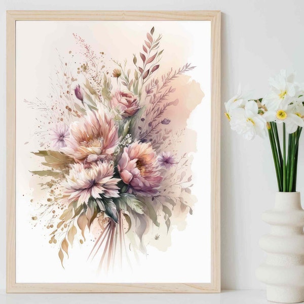 Pink Flower Bouquet | Watercolor Painting Print | Soft Pastel Floral Wall Art for Home Decor | Feminine and Elegant Design | Gift for Wife