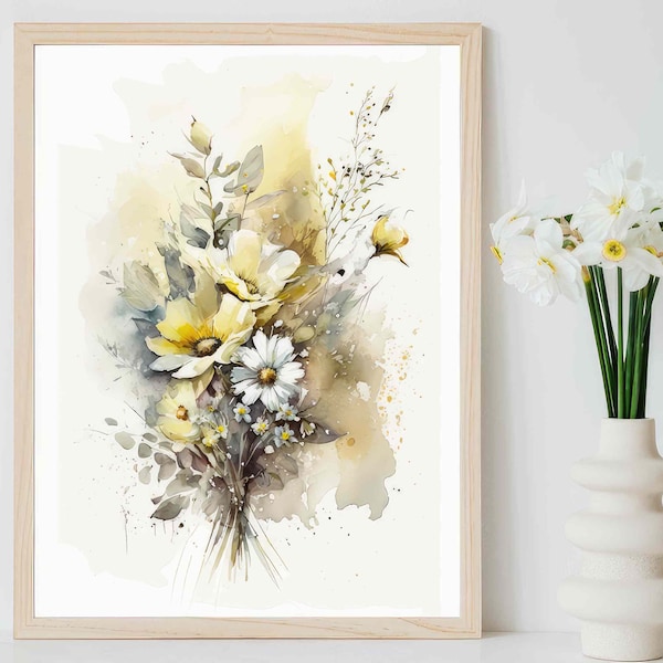 Sunny and Earthy Bouquet | Muted Watercolor Painting of Yellow and Light Brown Flowers | Neutral Wall Art for Home Decor | Gift for Her