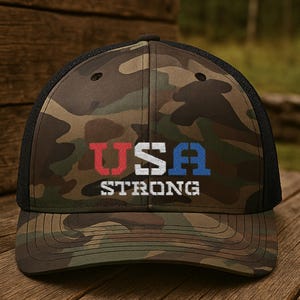 Camouflage Trucker Hat, Embroidered Baseball Cap, Patriotic USA Strong Military Hat, Camo Hunting Cap, Custom Embroidery Headwear
