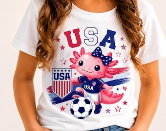 Cute USA Soccer Axolotl Shirt for Girls, Patriotic Soccer Tee, Little Girl Soccer Shirt, USA Youth Soccer Fan Tee, Kawaii Axolotl Shirt