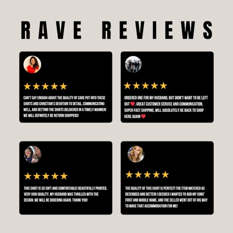 May include: Image featuring customer reviews with a black background and white text. The text reads "RAVE REVIEWS" at the top. Four customer reviews are displayed, each with a photo, a five-star rating, and a positive comment about the product.