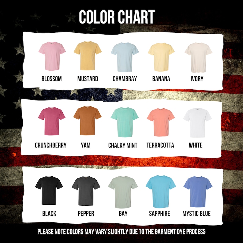 May include: Color chart showing 12 different t-shirt colors. The colors are: Blossom, Mustard, Chambray, Banana, Ivory, Crunchberry, Yam, Chalky Mint, Terracotta, White, Black, Pepper, Bay, Sapphire, and Mystic Blue. The text "PLEASE NOTE COLORS MAY VARY SLIGHTLY DUE TO THE GARMENT DYE PROCESS" is at the bottom of the chart.
