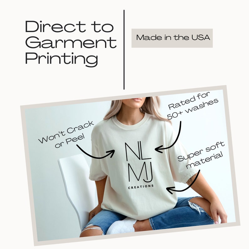 May include: A white t-shirt with the text "NL MJ CREATIONS" printed on the front. The shirt is made in the USA and is rated for 50+ washes. The text "Won't Crack or Peel" is written on the left side of the image and "Super soft material" is written on the right side of the image.