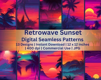 Patrones sin costuras de puesta de sol de Retrowave - 13 diseños - 12X12in - Fondo/papel digital de puesta de sol imprimible de uso comercial Seascape