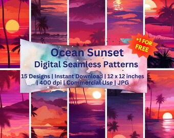Ocean Sunset Seamless Patterns - 15 disegni – 12X12 pollici – Uso commerciale Download istantaneo Carta/sfondo digitale stampabile tramonto marino