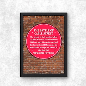 Battle of Cable Street, A5 A4 A3 ingelijste posterprint, decor kunst aan de muur, politiek citaat van Londen, antifascistisch, ze zullen geen pasaran doorgeven
