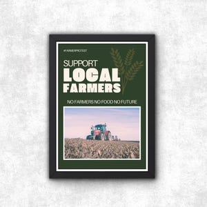 Steun lokale boeren, ingelijste posterprint, geen boeren, geen eten, landbouwmuurkunstprotest Britse landbouw, voedsel groeit niet in de schappen