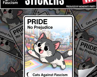 LGBTQ Pride Sticker, Brighton Pride Cat, No Prejudice Rainbow Vinyl Decal, Progress Pride Flag, Gay Queer Ally Gift, Cats Against Fascism