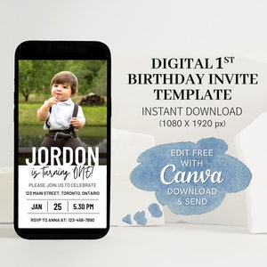 1st Birthday Invite Editable Template Digital Download First Birthday Party Evite With Picture Canva Minimalist First Birthday Template
