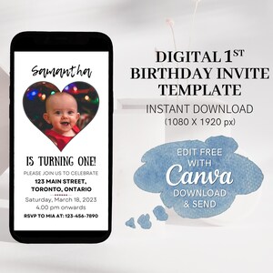 Sjabloon 1e verjaardag uitnodiging eerste verjaardagsfeestje bewerkbare Evite met foto Canva minimalistische sjabloon eerste verjaardag digitale download