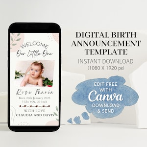 Birth Announcement Template Digital Download Editable Newborn Announcement With Picture Canva Template Floral Abstract Birth Template