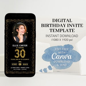 Birthday Invite Template With Photo 18th, 20th, 30th, Birthday Party Editable Invitation Mobile Invite Canva Template Modern Birthday Evite