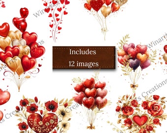 May include: Twelve digital illustrations of red, gold, and pink heart-shaped balloons with gold accents. The balloons are arranged in bouquets and some have floral accents. The text "Includes 12 images" is displayed on a brown background.