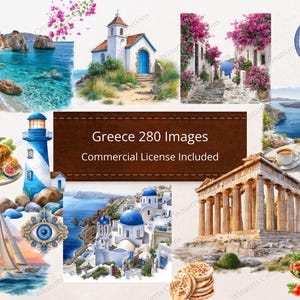 May include: A collection of watercolor illustrations featuring Greek landmarks and cuisine. Includes images of a coastal scene, a church, a street with flowers, a blue and white plate, a seascape, a statue, a lighthouse, a sailboat, a building, and food.