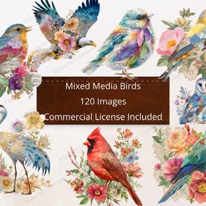 以下が含まれることがあります： 水彩画の鳥のイラストのコレクション。ワシ、フクロウ、カーディナルなど、花の配置に囲まれています。画像には「Mixed Media Birds、120 Images、Commercial License Included」というテキストが含まれています。