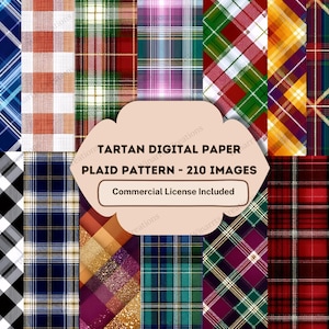 May include: A collection of digital paper featuring various plaid patterns in a variety of colors. The image includes a variety of tartan designs, including red, green, blue, and gold. The text on the image reads "Tartan Digital Paper, Plaid Pattern - 210 Images, Commercial License Included."