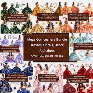 1250 Mega Quinceanera Pacote Flores Alfabetos Clipart Digital Download PNG BÔNUS Imprimíveis Convites DIY Elementos Flores Vestido de Princesa