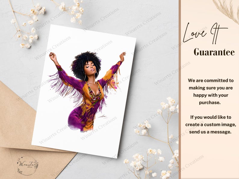 Pu&ograve; includere: Stampa artistica raffigurante una donna con le braccia alzate, che indossa un abito viola e oro con frange. L'opera d'arte ha una tavolozza di colori vivaci e uno stile retr&ograve;. Il testo "Love It Guarantee" &egrave; visibile.