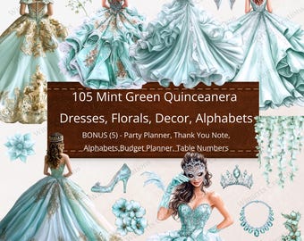 105 Alfabetos de flores de quinceañera verde menta Clipart Descarga digital PNG + Imprimibles adicionales Elementos de invitaciones DIY Flores Vestido de princesa
