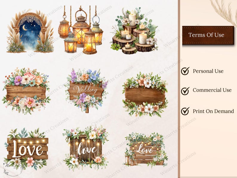 Watercolor Boho Wedding Clipart Bundle 500 PNG Bride Flowers Cake ...