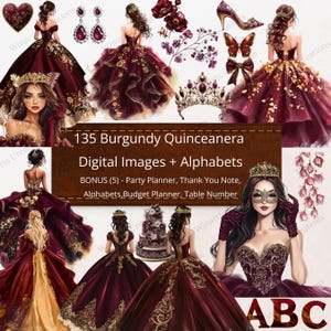 135 Alfabetos de Flores Borgonha para Quinceanera Clipart Digital Download PNG + BÔNUS Imprimíveis Convites DIY Elementos Flores Vestido de Princesa