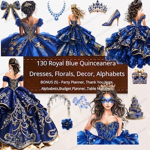 130 Royal Blau Quinceanera Blumen Alphabete Clipart Digitaler Download PNG + BONUS Printables DIY Einladungen Elemente Blumen Prinzessin Kleid