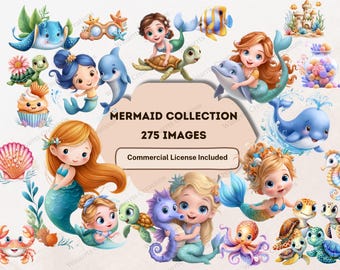 275 Sirena de acuarela Clipart Descarga digital PNG Sublimación Descarga instantánea Ilustración Bajo el mar Sirena Baby Shower Vida marina