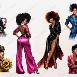 Pu&ograve; includere: Illustrazioni digitali di donne alla moda in vari outfit. Una figura tiene in mano una tazza di caff&egrave;, un'altra un mazzo di girasoli. Le donne sono raffigurate con abiti alla moda, tra cui tute, abiti e blazer.