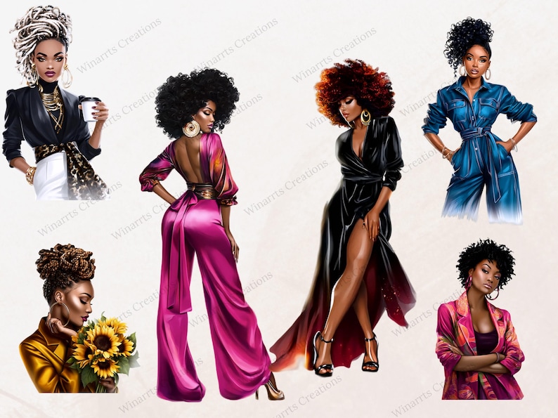 Pu&ograve; includere: Illustrazioni digitali di donne alla moda in vari outfit. Una figura tiene in mano una tazza di caff&egrave;, un'altra un mazzo di girasoli. Le donne sono raffigurate con abiti alla moda, tra cui tute, abiti e blazer.