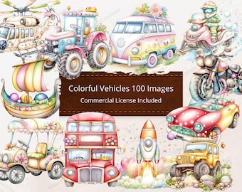 Colorful Vehicles 100 Clipart Digital Download PNG Printable High Quality Sublimation Instant Download Illustration Nursery Public Transport