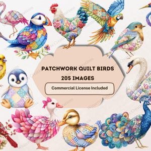 Peut inclure: Illustrations de divers oiseaux aux motifs patchwork colorés, dont un flamant rose, un macareux et un paon. Le texte indique "PATCHWORK QUILT BIRDS 205 IMAGES Commercial License Included."