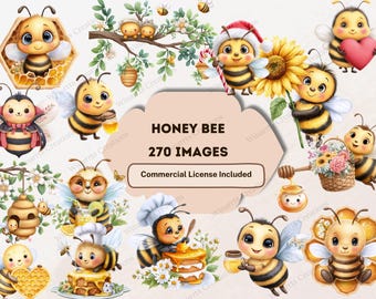 May include: A collection of watercolor illustrations featuring adorable cartoon bees. The images include bees in various poses, some with honey pots, flowers, and festive attire. The text reads "HONEY BEE 270 IMAGES Commercial License Included."