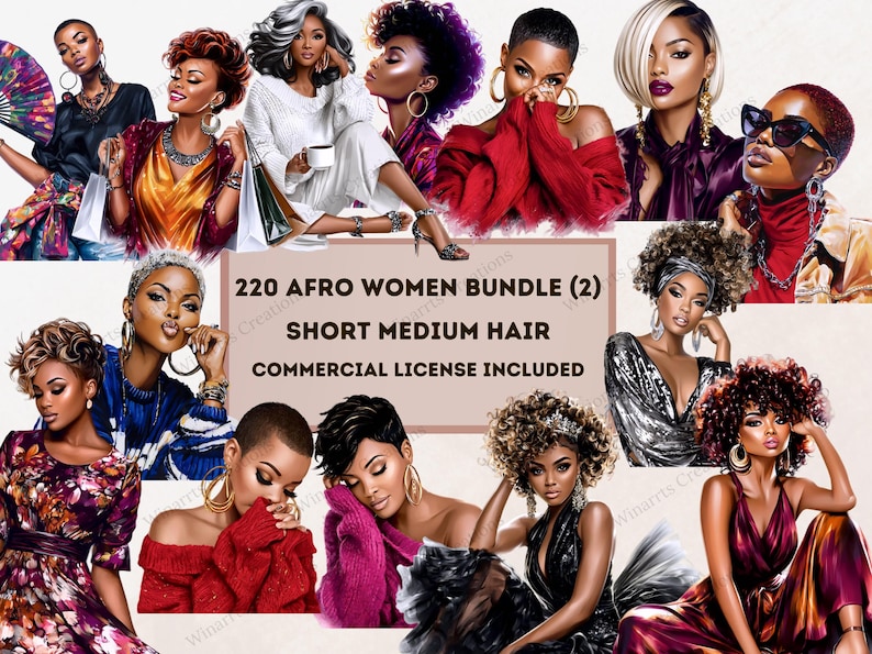Pu&ograve; includere: Pacchetto di arte digitale con illustrazioni di donne nere con varie acconciature e abiti. L'immagine include il testo "220 Afro Women Bundle (2) Short Medium Hair Commercial License Included."