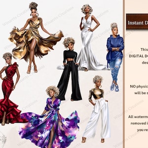 Pu&ograve; includere: Download digitale con illustrazioni di donne in vari outfit alla moda, tra cui un abito dorato, un abito rosso e una felpa con cappuccio blu con jeans strappati. L'immagine include il testo "Instant Download" e "DIGITAL DOWNLOAD design."