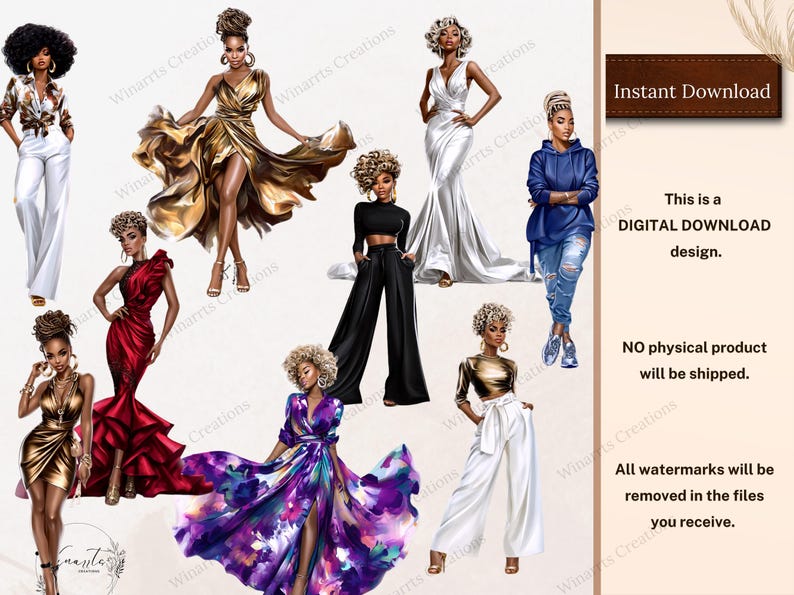 Pu&ograve; includere: Download digitale con illustrazioni di donne in vari outfit alla moda, tra cui un abito dorato, un abito rosso e una felpa con cappuccio blu con jeans strappati. L'immagine include il testo "Instant Download" e "DIGITAL DOWNLOAD design."