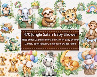 Może przedstawiać: Ilustracje akwarelowe zwierząt z dżungli, w tym leniwca, lamparta, małpy i lwa. Obraz zawiera tekst "470 Jungle Safari Baby Shower" oraz szczegóły dotyczące zasobów do druku.