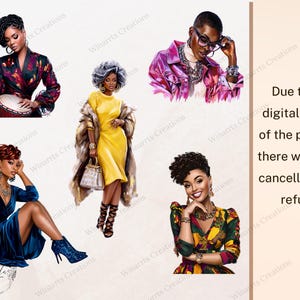 Pu&ograve; includere: Stampa d'arte digitale con illustrazioni di donne alla moda in vari outfit. Le immagini mostrano diversi stili di moda, tra cui una donna con un abito giallo e pelliccia, e un'altra con un abito di velluto. Il testo recita: "A causa della natura digitale del prodotto, non ci sar&agrave; cancellazione o rimborso."