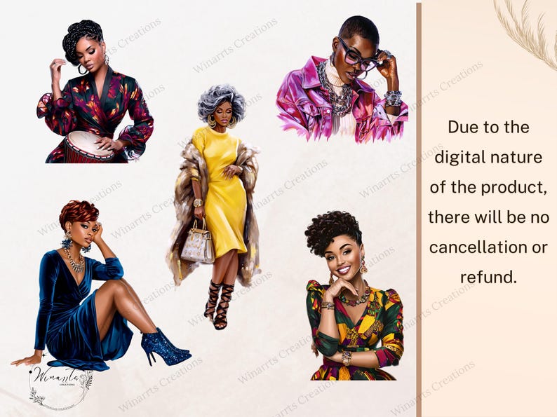 Pu&ograve; includere: Stampa d'arte digitale con illustrazioni di donne alla moda in vari outfit. Le immagini mostrano diversi stili di moda, tra cui una donna con un abito giallo e pelliccia, e un'altra con un abito di velluto. Il testo recita: "A causa della natura digitale del prodotto, non ci sar&agrave; cancellazione o rimborso."