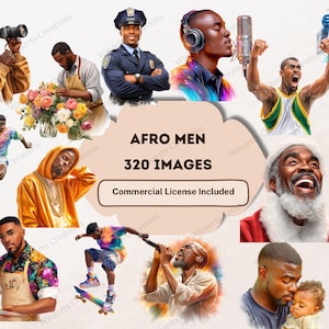 Może przedstawiać: Kolekcja sztuki cyfrowej "AFRO MEN 320 IMAGES" z ilustracjami czarnoskórych mężczyzn w różnych zawodach i czynnościach. Zawiera licencję komercyjną. Obrazy prezentują różnorodne style i tematy.